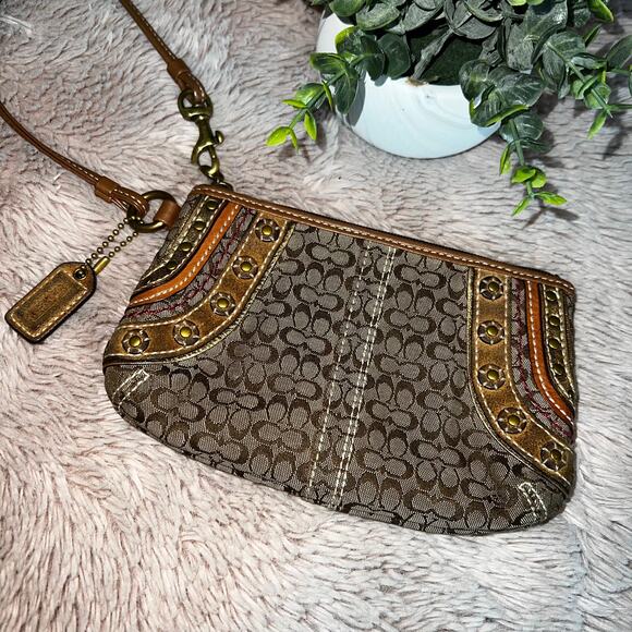 Coach Signature Logo Canvas & Leather-Trim Studded Zipper Wristlet - Picture 1 of 9